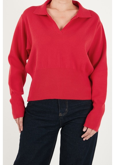 Lela Yumuşak Dokulu Regular Fit Polo Yaka Kazak Kadın Kazak 680kz00163 Kırmızı