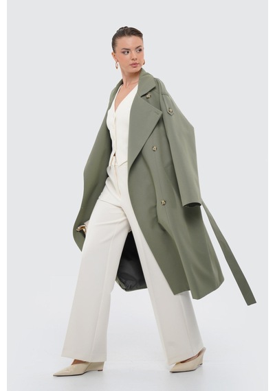 Thalure Kadın Açık Haki Dik Yaka Oversize Trençkot