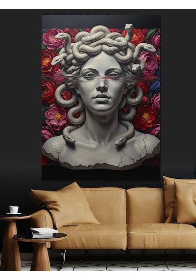 Ahşap Tablo Medusa Başlı Mermer Heykel Kadın Büstü