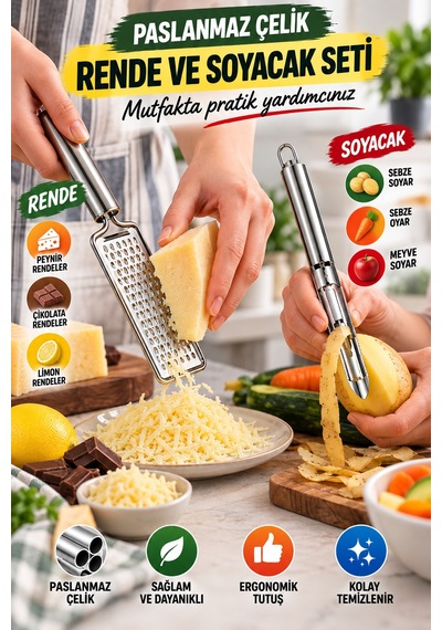 2'li Set Paslanmaz Çelik Rende Ve Soyacak Oyacak Peynir Sebze Patates Limon Çikolata Mutfak Gereci Gümüş