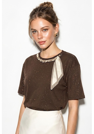 Kadın Yaldız Baskılı Zincir Ve Fular Detaylı Oversize T-shirt 2214 60286293 - Acı Kahve Acı Kahverengi