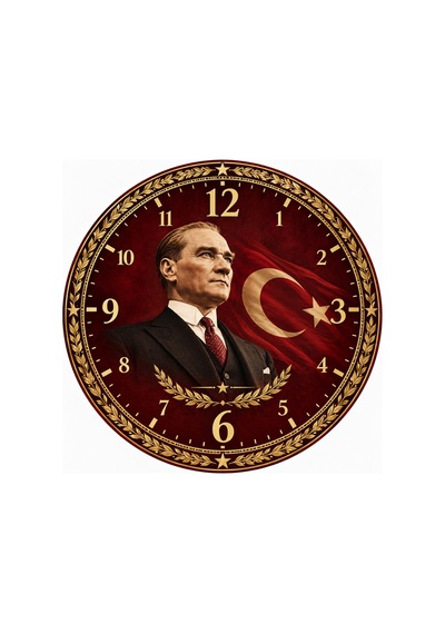 Atatürk Temalı 45 Cm Ahşap Sessiz Akar Mekanizmalı Uv Baskılı Dekoratif Duvar Saati Hediyelik 1096 Çok Renkli