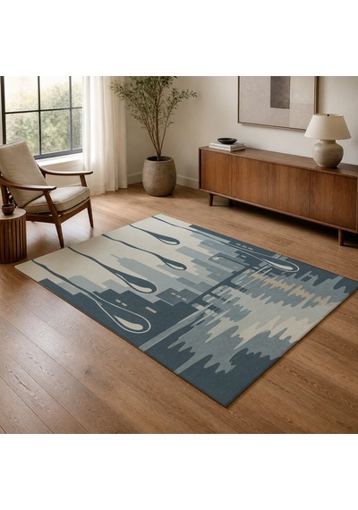 Kartela Halı Yağmur Şehir Silüetli Modern Halı Mavi Kaymaz Taban Makinede Yıkanabilir 100x150 Cm
