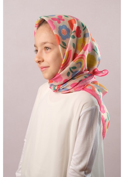 Hürrem Bone Pembe Dijital Baskılı Çocuk Tesettür Eşarp Pamuk Polyester Çiçek Desenli 6003 04 Pembe