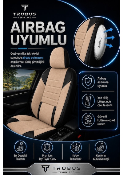 Skoda Rapid 2012+ Uyumlu Nova Serisi Bej Siyah Oto Koltuk Kılıfı
