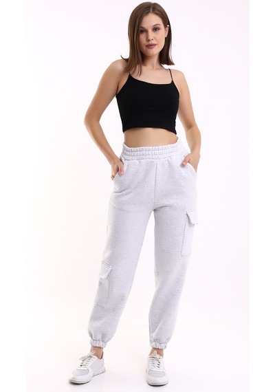 Winmoda34 Kadın Jogger Kalın 3 İplik Yandan Cepli Kargo Eşofman Altı Griii