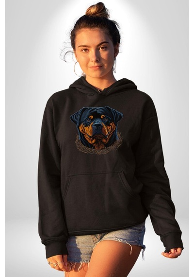 Rottweiler Koca Kafa Kadın Erkek Siyah Kapüşonlu Sweatshirt Hoodie Siyah