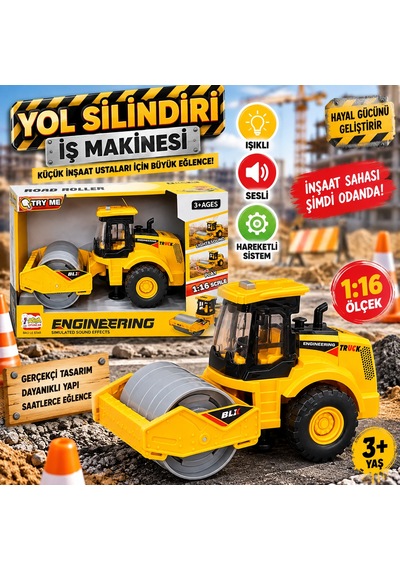 Kutulu Pilli Yol Silindiri İş Makinesi Işıklı Ve Sesli 1:16 Ölçekli İnşaat Aracı Oyuncak
