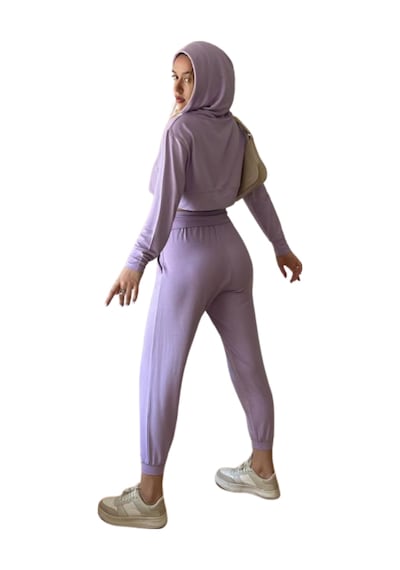 Penyebizden Kadın Viskon Kapşonlu Oversize Crop Sweatshirt-lila