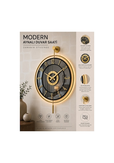Pey Aksesuar Metal Aynalı Duvar Saati Işıklı Gerçek Cam Duvar Saati Modern Tasarım 40 X60 Cm Gold-füme-siyah