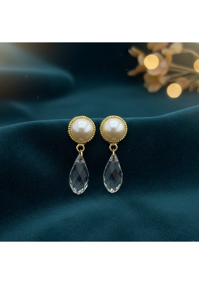 Vaoov 14k Altın Kaplama Kristal Taşlı İnci Küpe Gold