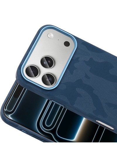 iPhone Uyumlu 17 Pro Kılıf Magsafe Şarj Özellikli Kamuflaj Tasarımlı Sera Sert Pc Kapak Lacivert