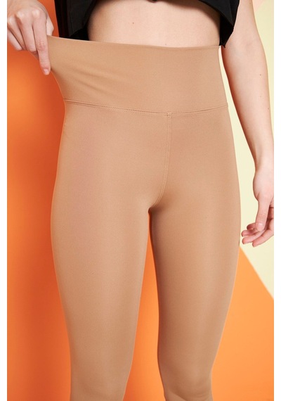 Thıff Gymwear Camel Yüksek Bel Sıkılaştırıcı Toparlayıcı Dalgıç Kumaş Spor Günlük Tayt Kahverengi