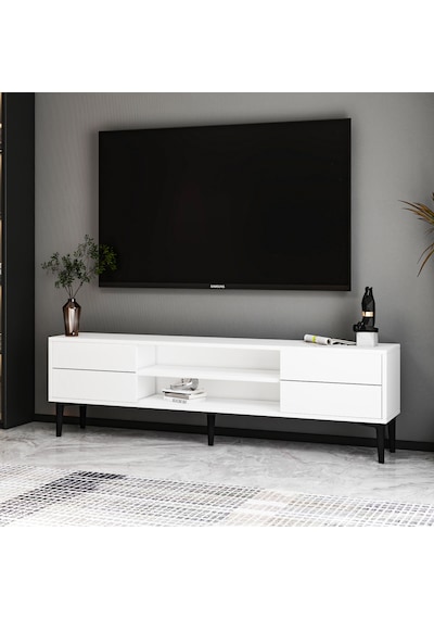 Aragon Modern Tv Sehpası 140 Cm, 2 Kapaklı + 2 Açık Raflı Tv Ünitesi - Beyaz