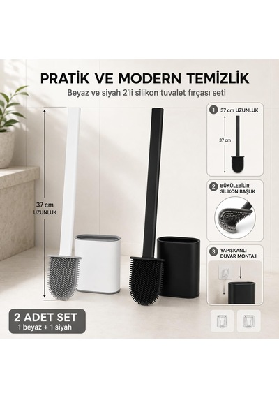Lexroo 2li Set Beyaz Ve Siyah Renk Silikon Tuvalet Fırçası Set Bükülebilir Pratik Silikon Wc Klozet