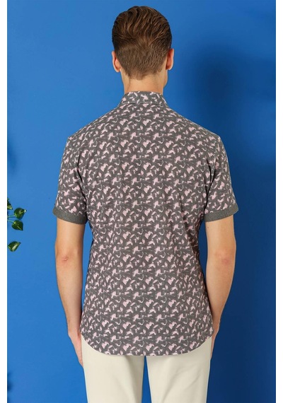 Efor Slim Fit Düğmeli Yaka Desenli Kısa Kol Pamuk Füme Gömlek G 1504 Füme