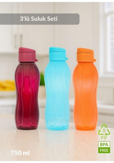 3 Lü Set Matara Okul Suluğu Kapaklı Plastik Su Şişesi 750 Ml Diğer