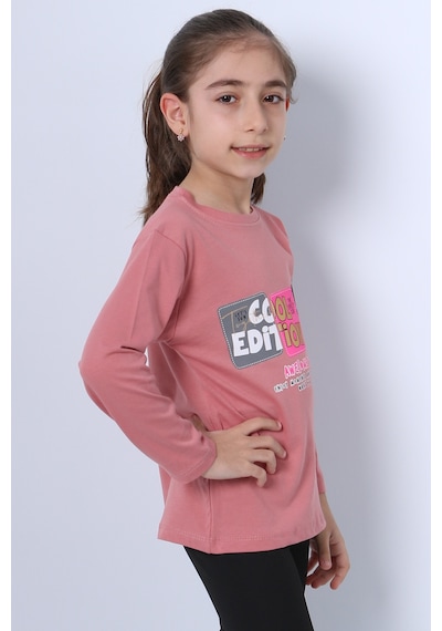 Hçm Kız Çocuk Uzun Kollu Tshirt 4 Mevsim Bisiklet Yaka Cool Edition Baskılı D45 Pudra