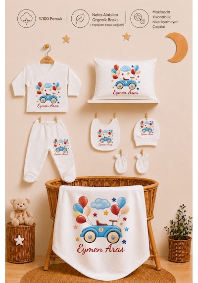Pia Baby İsme Özel %100 Pamuk Organik Baskılı Erkek Bebek Zıbın Seti Battaniye Ve Yastık Kılıfı 2059zybyx Ekru