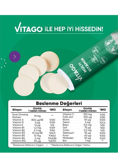 Vitago Multivitamin Multimineral Içeren 20 Efervesan Tablet