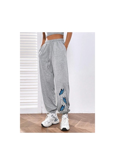 Tarzsokak Letter & Butterfly Print Slant Pocket 4 Mevsim Eşofman Gri