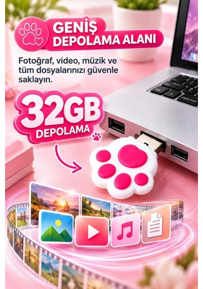 Usb Flash Bellek 32gb Kedi Patisi Görünümlü Anahtarlıklı Usb Drive Usb01 Beyaz