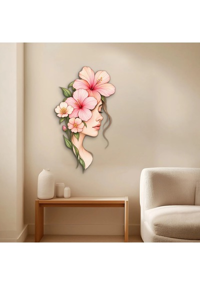 Çiçekli Kadın Profili - Metal Tablo - Dec0186 37 X 65 Cm Çok Renkli