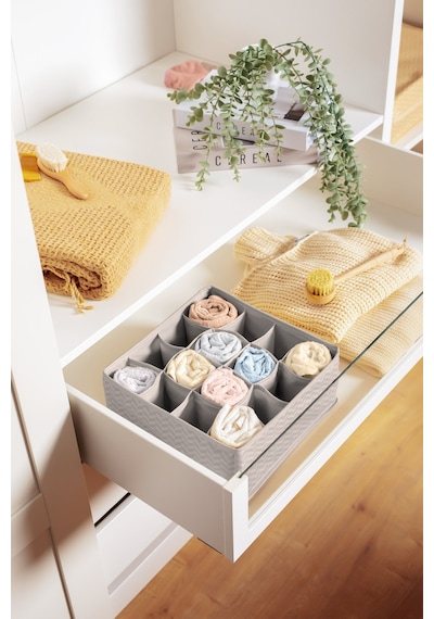 Serstil 16 Gözlü Çekmece İçi Dolap Çorap / İç Çamaşırı Katlanabilir Düzenleyici Organizer Kutu 28x28x12 Cm Martı Gri