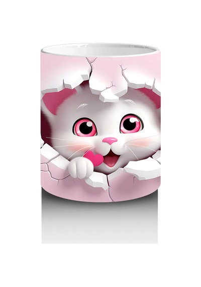 Pembe Kalpli Çatlak Duvar Arasından Bakan Sevimli Kedi Kupa Çok Renkli