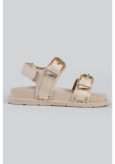 Shoetek Tarisa Kadın Sandalet Bantlı Tokalı Bej Deri Bej Cilt Bej