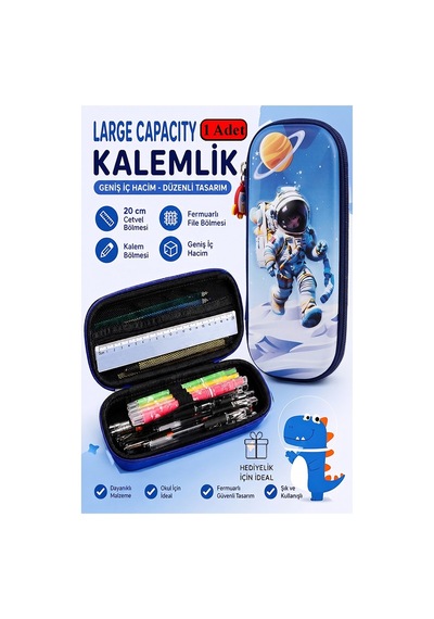 Astronot Kabartmalı Bölmeli Kalemlik 1 Adet P-5953 Erkek Çocuk Okul Kalem Kutusu 3 Boyutlu Uzay Karikatür Hediyelik Kırmızı