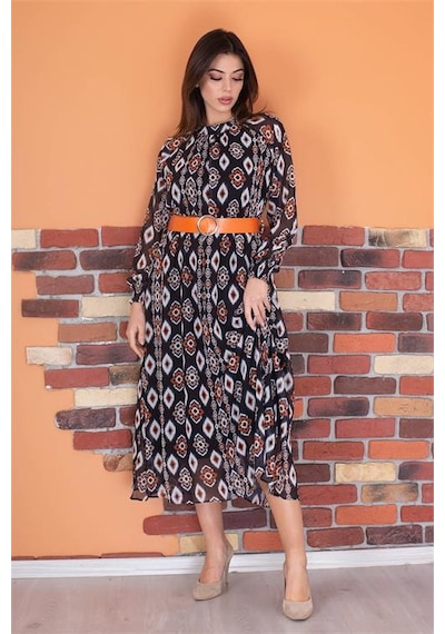 Neşeli Butik Kadın Kemerli Yaka Detaylı Astarlı Şifon Elbise Ry0032 Siyah/orange Neşeli Butik Kadın Kemerli Yaka Detaylı Astarlı Şifon Elbise Ry0032 Siyah/orange