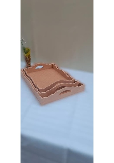 Hobi 90035 Dekoratif Tepsi Seti Üçlü Model Ham Ahşap Mdf El Yapımı Diğer