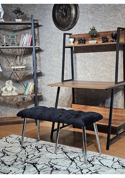 Zafir Krom Metal Siyah Oturaklı Sivriltme Ayaklı Babyface Puf & Bench & Oturak Siyah
