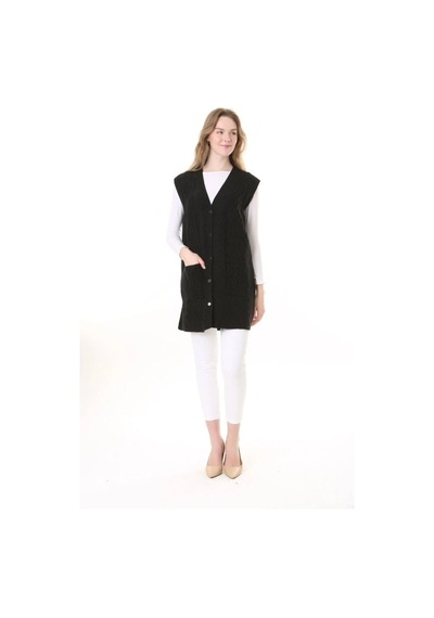 Fresh & Moda Kadın Yün Kışlık Anne Uzun Triko Yelek Lacivert