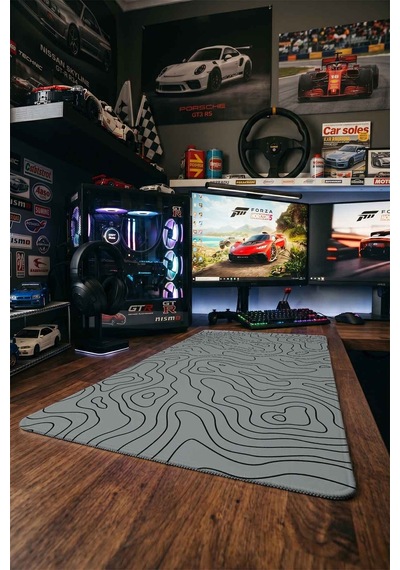 Gri Siyah Topografik Dalga Deseni 40x90 Cm Oyuncu Mousepad Kaymaz Taban Büyük Boy Mousepad