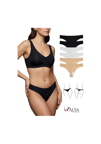 Alya Underwear Lazer Kesim Dikişsiz Tanga Külot, Seamless String 6'lı Paket Siyah - Beyaz -ten