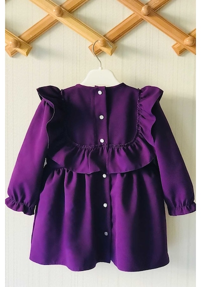 Fırfır Ve Kurdele Detaylı Mor Krep Kız Çocuk Bebek Elbise 001