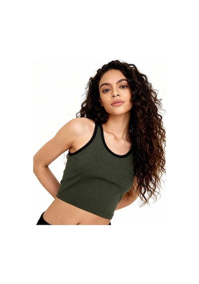 Tommy Life Haki Basic Sıfır Kol Dar Kalıp U Yaka Kadın Crop Top Atlet - 97162 Haki