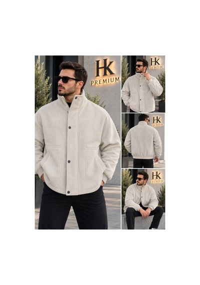 Hk Premium Erkek Fitilli Kadife Mont Astarsız Oversize Dik Yaka Çıtçıtlı Bomber Ceket Bej