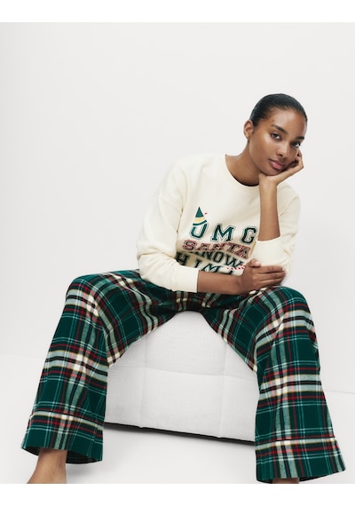 Marks & Spencer Pamuk Karışımlı Elf Sloganlı Pijama Takımı T37002227J Krem Mix
