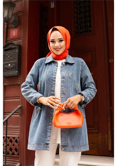Harman Butik Kadın Kristal Taş Detay Denim Kot Ceket Mavi Mavi