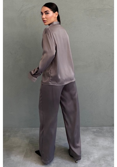 Madmext Kahverengi Saten Gömlek Pantolon Takım Mg2745