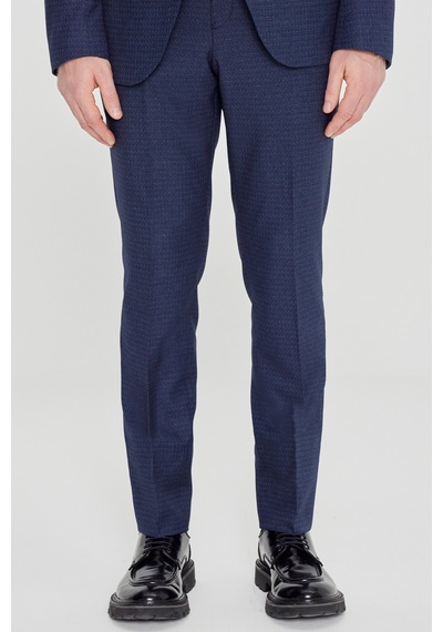Erkek Lacı Mavı Slim Fit Dar Kesim Mono Yaka Desenli Takım Elbise Lacı Mavı
