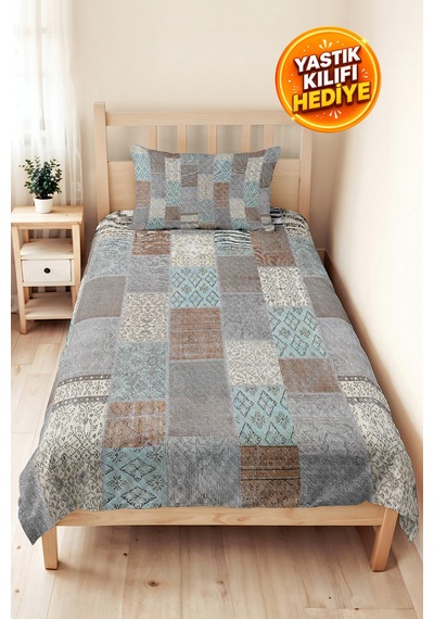 Geometrik Gri Genç Odası Tek Kişilik Pike Takımı-patchwork Turkuaz 160x220 Cm Kapitone Yatak Örtüsü Kırçıllı Misk Akışı