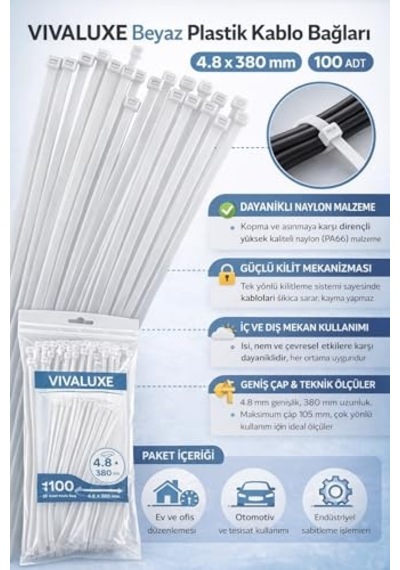 Plastik Kablo Bağı 300mm 30cm , Dayanıklı Naylon Cırt Kelepçe, Beyaz Renk, 100'lü Paket, Güçlü Ve Esnek Kablo Genel