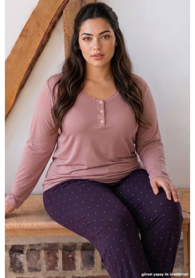 Siyah İnci Pudra Desenli Büyük Beden Battal Boy Düğmeli Viskon Örme Pijama Takım 26224867