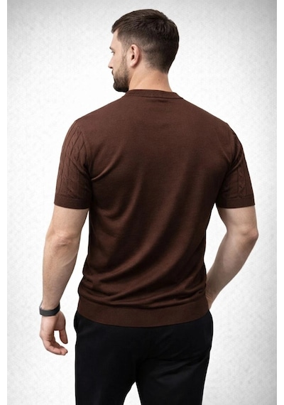 Erkek Yazlık Triko Dokuma Tişört Kısa Kol Bisiklet Yaka Örgü Desenli T-shirt - Kahverengi