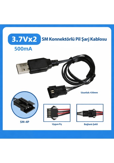 3.7vx2 Lityum Pil Usb Şarj Kablosu 4 Pin 500ma Şarj Adaptörü 430mm Uzunluk Pil Şarj Kablosu