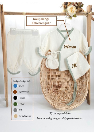 Gros Shop Yeni Doğan Burümcük Müslin Kumaş %100pamuk 4 Lü Hastane Çıkış Set Yeşil